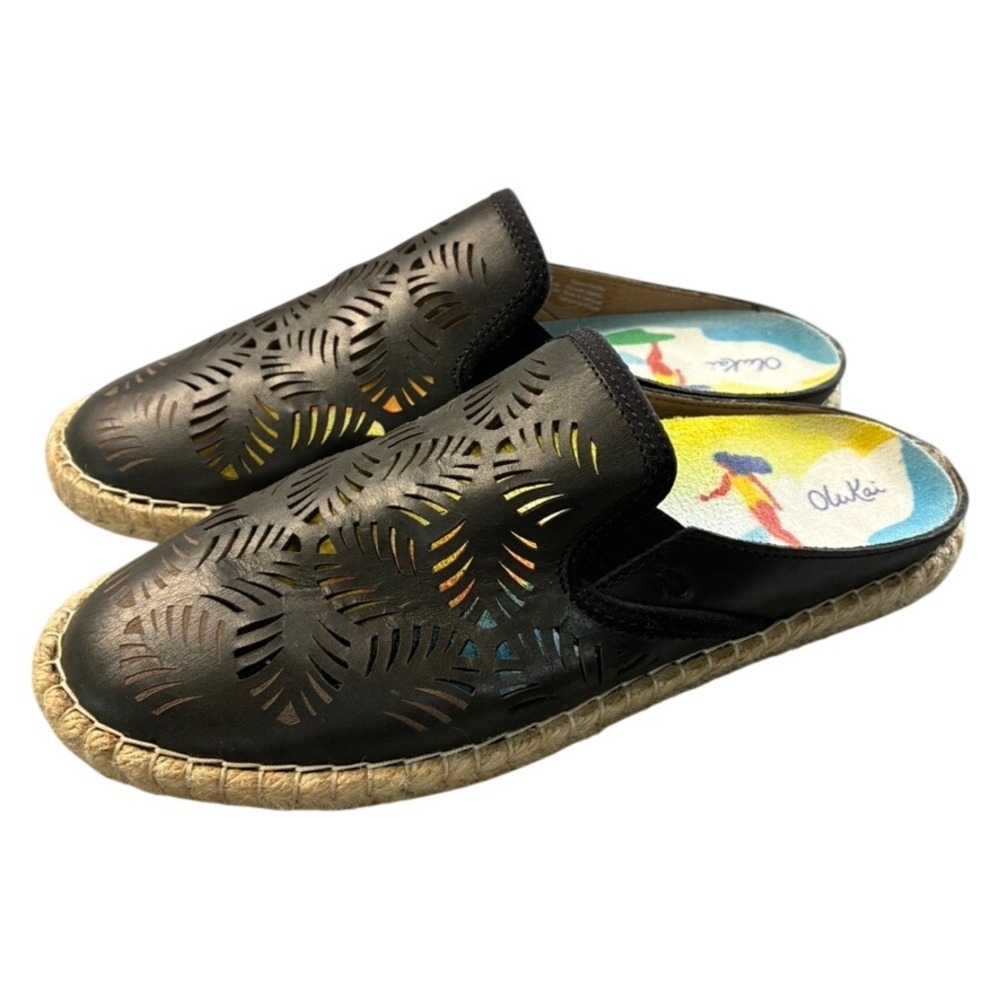 OluKai Kaula 'Olu 'Ili Black Leather Laser Cut Espadrille Mules Womens 8 20450